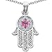 CandyGem 925 Sterling Silver Created Pink Sapphire Kabbalah Hamsa Hand Judaica Pendant Evil Eye Prot(Metal=925 Sterling Silver White Gold Plated)