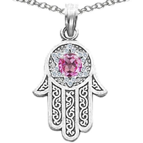 CandyGem 925 Sterling Silver Created Pink Sapphire Kabbalah Hamsa Hand Judaica Pendant Evil Eye Prot