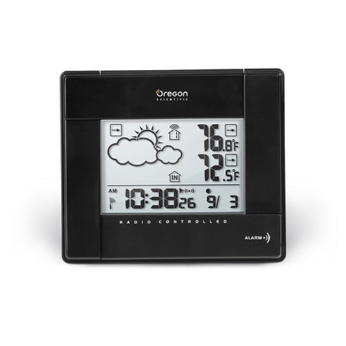 Oregon Scientific BAR386A-BK Wireless Weather Forecaster with Temperature Display and Self-Setting Atomic Clock, Black