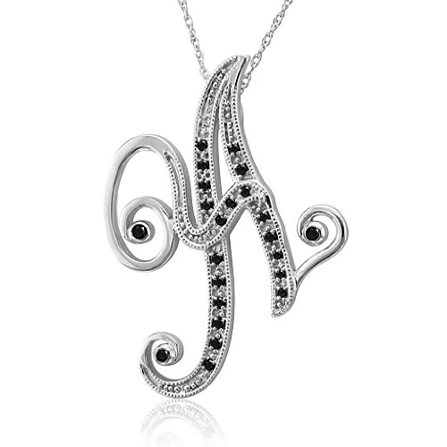 14k White Gold Alphabet Initial Letter A Black Diamond Pendant Necklace-0.10 carat