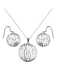 .925 Sterling Silver CZ Gallery Hanging Earrings and Matching Pendant-Necklace Set with 1.2mm Side diamond-cut Cable Rolo Chain - 16"+1" Inches Extension