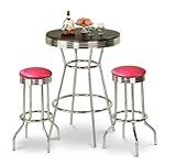 IMAGE OF Chrome Bar Table & 2 Chrome Finish Glitter Pink Vinyl Seat Barstools