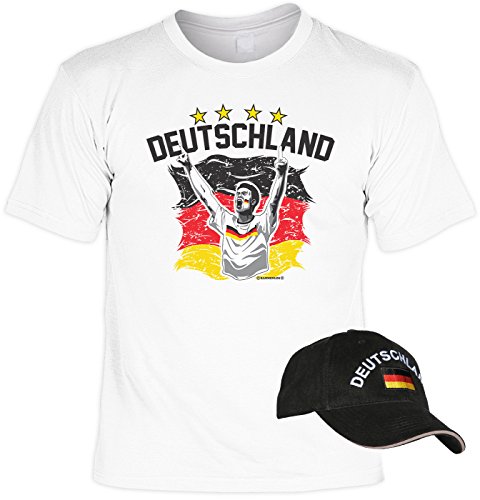 Deutschland EM WM Fußball Fanartikel Set 2-teilig Fan T-Shirt und Kopfbedeckung Kappe Shirt Deutschland Fahne Farben Gr. L in weiss und besticktes schwarzes CAP : )