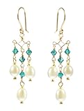 Gold Over Sterling Silver Ear Wire Chandelier Earrings with Crystallized Swarovski Elements Bicone Beads and White Freshwater Cultured Pearls in Birthstone Color December Zircon