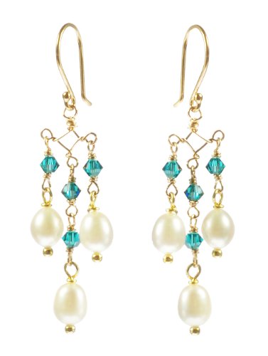 Gold Over Sterling Silver Ear Wire Chandelier Earrings with Crystallized Swarovski Elements Bicone Beads and White Freshwater Cultured Pearls in Birthstone Color December Zircon