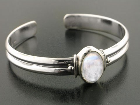 Adjustable Sterling Silver Cuff Bracelet with a 5.5ct Genuine Rainbow Moonstone Center Gem