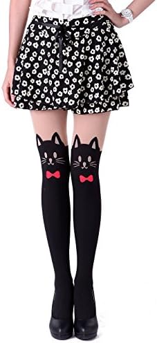 Women's Japanese Style Sexy Mock Cat/bunny Tights Pantyhose (Red Bow tie Black Cat Tail )