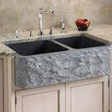 33 Polished Granite Offset Double Bowl Farmhouse Sink w/ Chiseled Apron - Polished Black