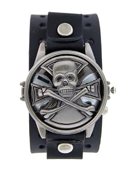 Nemesis Spinning Skull With Black Leather Cuff Watch