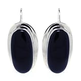 Sterling Silver Large Oval Onyx Inlay Drop Earrings