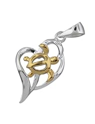 925 Silver Two Tone Petroglyph Turtle in Heart Pendant Hawaiian Silver Jewelry