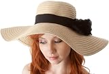 Womens UPF 50+ 100% Paper Straw Flower Accent Wide Brim Floppy Hat