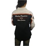 Womens Harley Davidson Racing Black and Orange logo design short sleeve shirt.Embroidered classic large logo design on back and smaller logos on front, sleeves and shoulders . Extremely eye catching item with great logos combination. Very high quality authentic collector's item from the true American Legend.