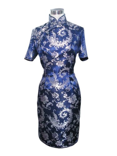 Navy blue silver phoenix flowers knee-length dress