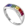 14K White Gold Rainbow Sapphire and Diamond Ring