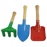 Amico 3 Pcs Mini Gardening Tools Wooden Handle Red Blue Shovel Green Rake