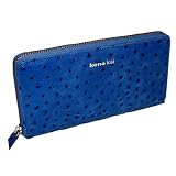 Kena Kai Women's Italian Leather Ostrich Embossed Zippered Wallet - Blue