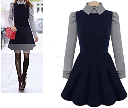 XIANKI Women Autumn & Winter Cotton Blended Turtleneck Contrast Pleated Dress XXL