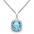14k White Gold Cushion Cut Blue Topaz and Diamond Pendant with Chain