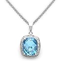 14k White Gold Cushion Cut Blue Topaz and Diamond Pendant with Chain
