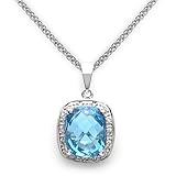 14k White Gold Cushion Cut Blue Topaz and Diamond Pendant with Chain