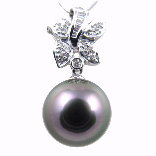18K White Gold with Diamonds and 13-13.5mm Gem Quality Black Tahitian Pearl Pendant & 16″ 14K White Gold Chain