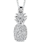 Summer Allure: Sterling Silver Rhodium Finish Designer Inspired Pineapple Dangle Style Pendant Necklace with Cubic Zirconia
