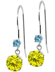 1.26 Ct Round Canary Diamond Swiss Blue Topaz 14K White Gold Earrings