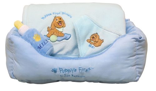 Just Be Paws JU-PF-P470 Puppys First Gift Set, Blue - Includes Blanket 22 x 22, Bed 6x15x11.5, Bandana and Milk Bottle Squeak Toy