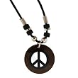 Peace Sign Necklace - Round Coconut 1 Inch Diameter 18 Inches in Length Black Cord