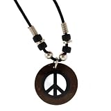 Peace Sign Necklace - Round Coconut 1 Inch Diameter 18 Inches in Length Black Cord