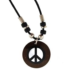 Peace Sign Necklace - Round Coconut 1 Inch Diameter 18 Inches in Length Black Cord