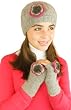 Handmade Artisan Pure Alpaca Natural Fiber - Hat and Fingerless Gloves Set - English Gray with Crocheted Flowers (100% Knitted By Hand)