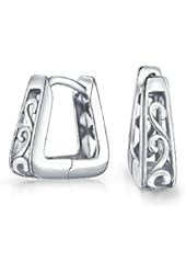 Bling Jewelry Square Sterling Silver Modern Filigree Swirl Huggie Hoop Earrings