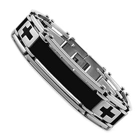13MM Stainless Steel Bracelet W/ Black ID Plate and Cross Design 8.5"