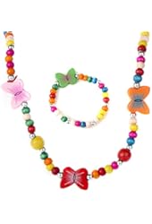 Wooden Bead Jewelry Set for Girls - Multicolor wooden beaded Butterfly Necklace and bracelet set - Play Jewelry - 16 inches.