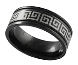 Stainless Steel Greek Key Design Double Groove Black Flat Band