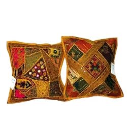 Pair Deep Saffron Bead Embroidery Sari Cushion Covers