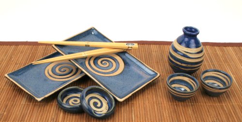 9-pc Sushi and Sake Set for 2 in Spiral Blue Includes Chop Sticks