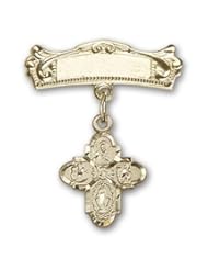 Gold Filled Baby Badge with 4-Way Charm and Arched Polished Badge Pin