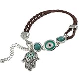 Silver with Turquoise Gemstone and Brown Rope Style Hamsa Bracelet Fashion Jewelry