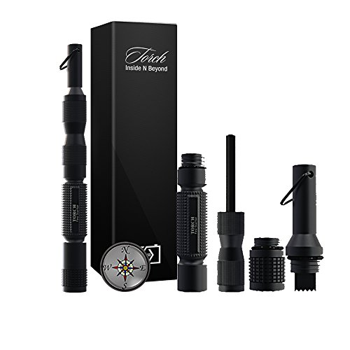 Magnesium Fire Starter Inside N Beyond, Torch Emergency fire starter ferro rod, Best EDC Survival Kit Flint and steel Firestarter tool and camping equipment with Compass & Tinder. Black