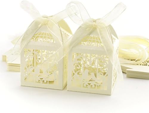 Wantop 50Pcs Love Birds Laser Cut hollow flower Favor Candy Box with Ribbons Bridal Shower Wedding Party Favors - Golden