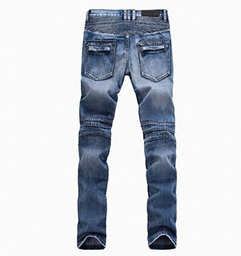 Xwei Men's Runway Stretch Jeans Washed Acid Light Blue Biker Jeans 33