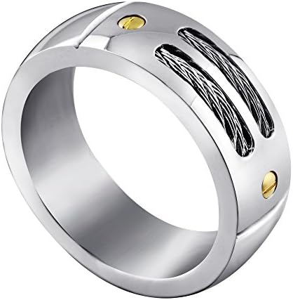 Hpolw 9mm Men's Titanium Ring Wedding Band with Titanium Steel Cables and Gold Screw Design