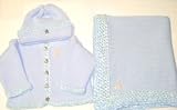 Knitted on Hand Knitting Machine Blue Cotton Hand Crochet Finished with Blue Chenille Infant Boys Cardigan, Hat Set Trimmed with Customer Chosen Monogram Letter and Matching Large Blanket