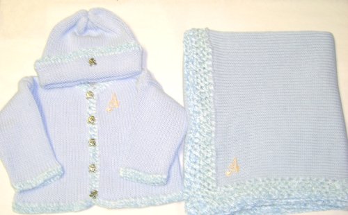 Knitted on Hand Knitting Machine Blue Cotton Hand Crochet Finished with Blue Chenille Infant Boys Cardigan, Hat Set Trimmed with Customer Chosen Monogram Letter and Matching Large Blanket