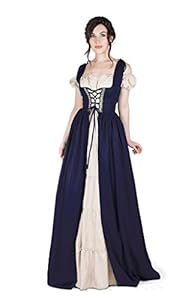 Renaissance Medieval Irish Costume Over Dress & Boho Chemise Set (2XL/3XL, Indigo)