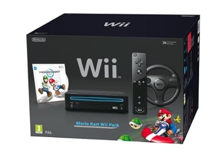 Nintendo Wii Console (Black) with Mario Kart Wii: Includes Wii Wheel and Wii Remote Plus