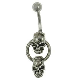 Pugster Double Skull Dangle Belly Ring by Dangling Steel Belly Rings